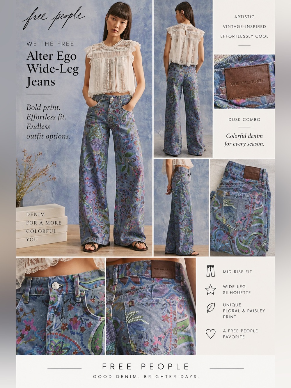 Free People We The Free Alter Ego Printed Wide-Leg Jeans Dusk Combo Size 28 NWOT